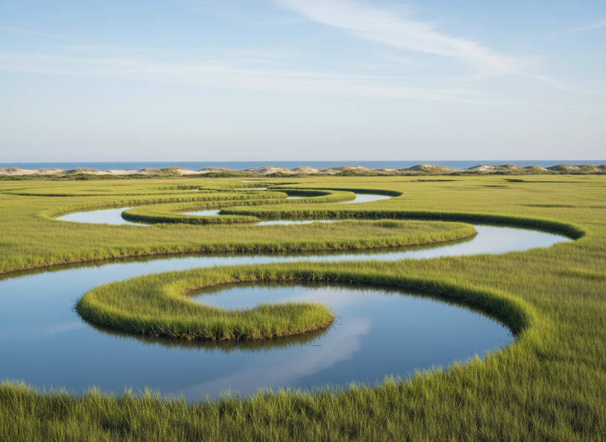 A panoramic view of a tranquil coastal salt marsh adjacent to Hatteras Island, with winding, mirror-like tidal creeks cutting through expanses of lush green spartina grasses. In the distance, low dunes and a hint of the ocean horizon are visible beneath a vast, pale-blue sky with thin, wispy clouds. Soft, early-morning light casts a cool, gentle glow, creating subtle reflections in the still water and delicate shadows among the grasses. Captured from a slightly elevated vantage point with sharp focus front to back, the composition emphasizes the sweeping horizontal layers of marsh, water, and sky. Photographic realism with a serene, contemplative mood, highlighting the vital role of coastal wetlands in ocean health and conservation.