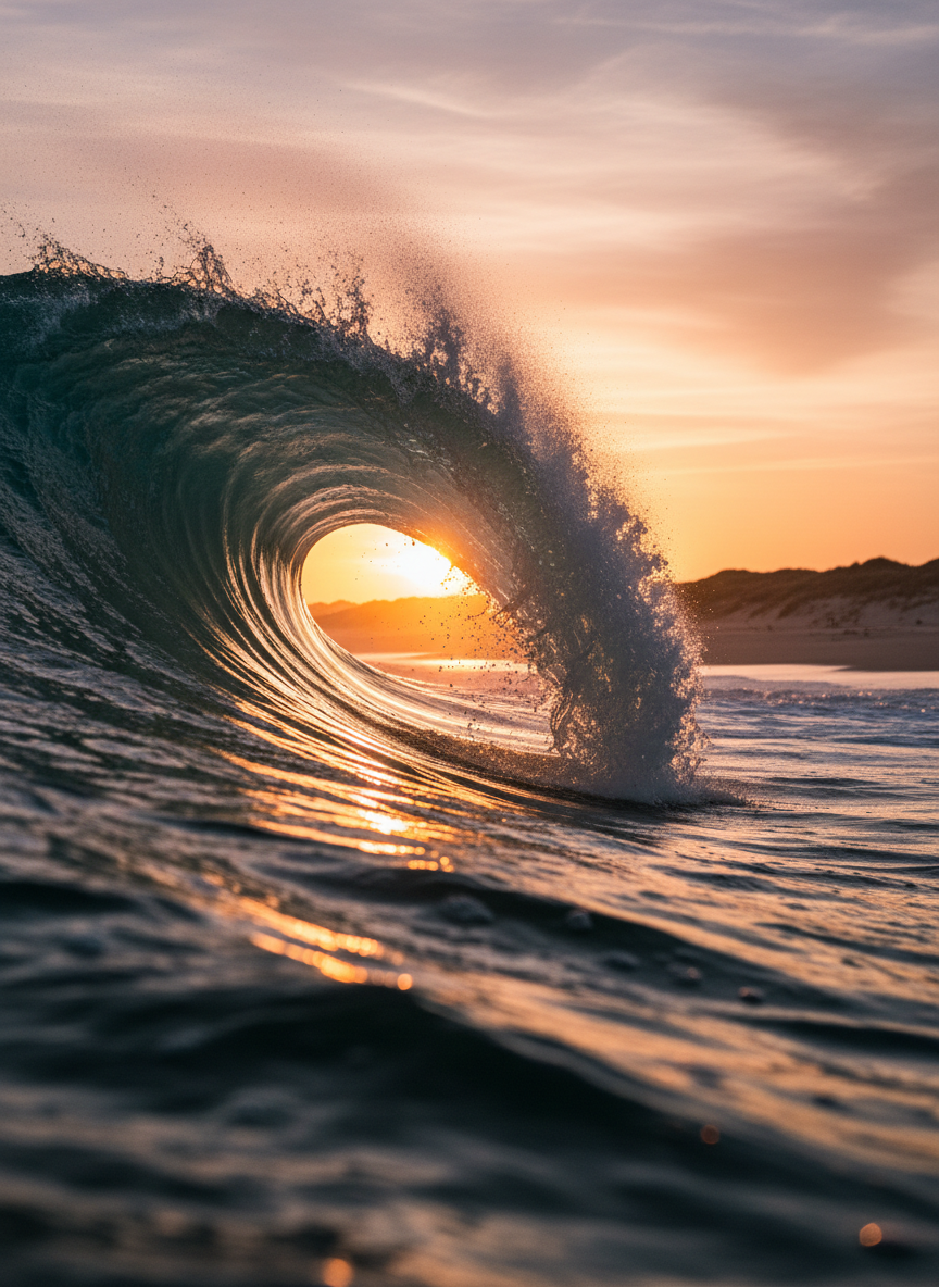 A dramatic, low-angle photographic view of a powerful Atlantic wave cresting just offshore from Hatteras Island, its translucent turquoise face backlit by the setting sun. Fine droplets of spray hang in the air, catching warm golden light and forming a subtle mist above the water’s surface. In the background, a distant, slightly blurred stretch of sandy shore and low dunes anchors the scene. The lighting is classic golden hour, with deep, soft shadows inside the curling wave and bright highlights along the lip. Photographic realism, high shutter speed freezing every droplet, with a dynamic, conservation-focused mood that underscores the raw energy and beauty of the ocean this non-profit seeks to protect.