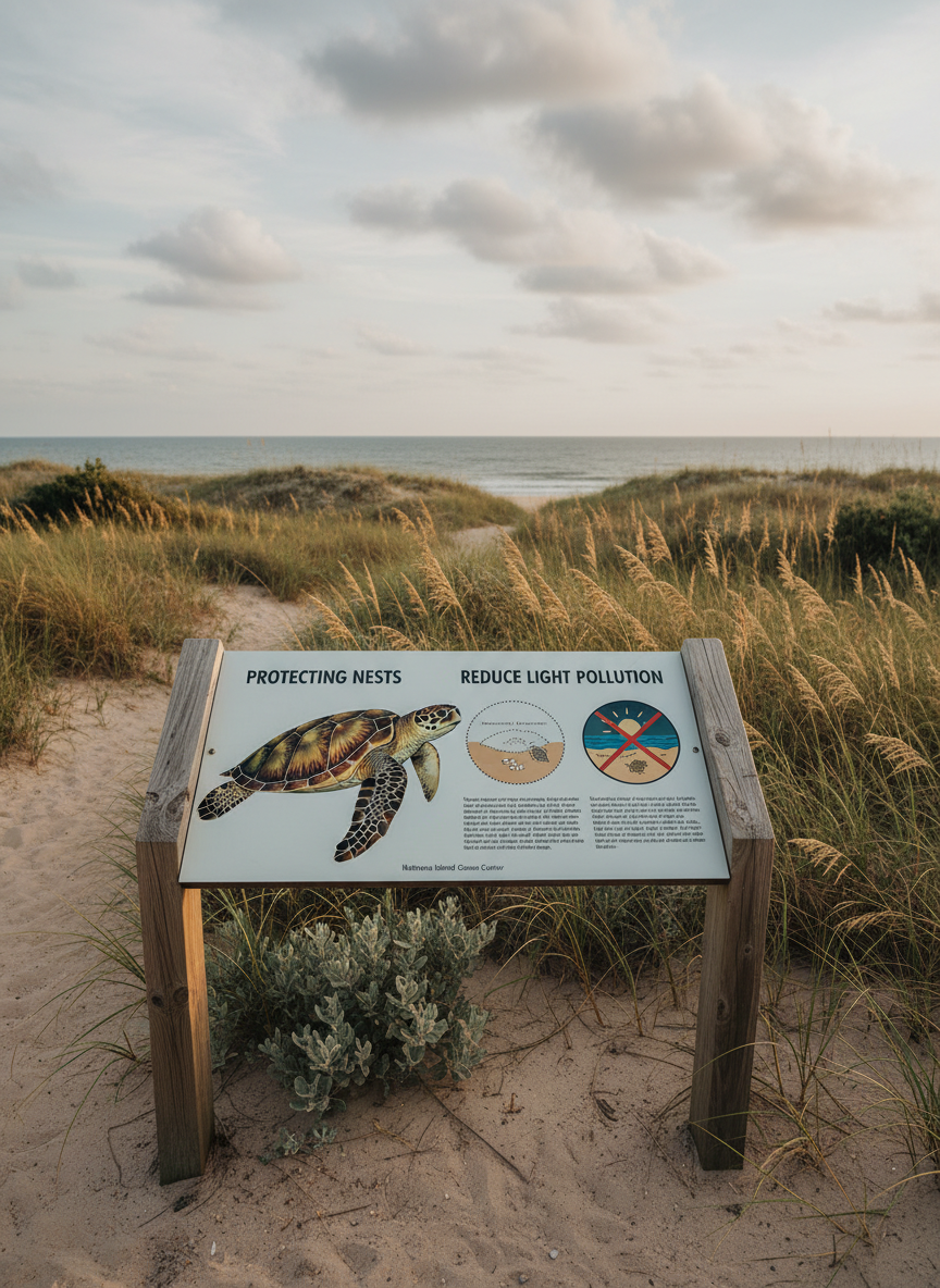 A clean, informative outdoor interpretive sign about sea turtle conservation, mounted on sturdy weathered-wood posts beside a sandy path leading over low dunes. The sign face is clearly visible, featuring a large, realistic illustration of a sea turtle, simple diagrams of nesting sites, and bold, easy-to-read headings about protecting nests and reducing light pollution, though the text is not legible. Coastal grasses and small native shrubs surround the sign, and in the distance the muted blues of the ocean peek between dunes. Soft, diffused late-afternoon light creates a gentle, inviting atmosphere with minimal glare on the sign’s surface. Photographic realism from an eye-level, slightly angled perspective, emphasizing the educational infrastructure of the Hatteras Island Ocean Center without including visitors.